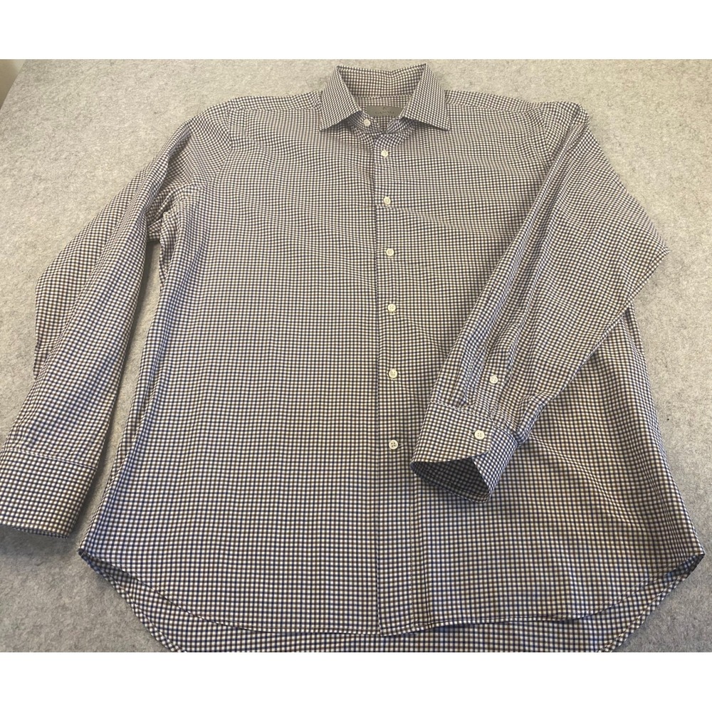 Canali Mens Blue Brown Gingham Check Cotton Dress Shirt Size 43 17